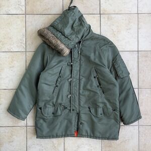 Vtg N3B Parka Men's Large Green Faux Fur Hood Quilted Lined Military Style 60s